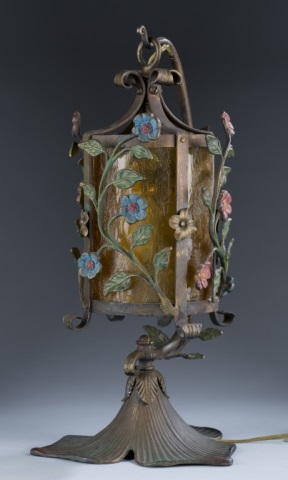 Appraisal: Art Nouveau Floral Table Lamp Lantern with yellow glass frame