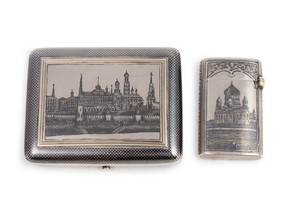 Appraisal: Two Russian Niello Silver Cases Two Russian Niello Silver Cases