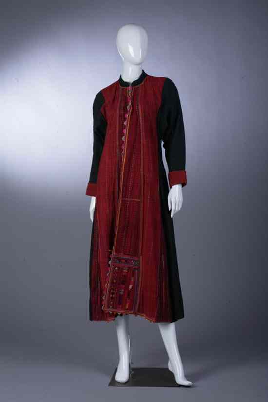 Appraisal: PALESTINIAN EMBROIDERED COAT Galilee area Black linen with embroidered red