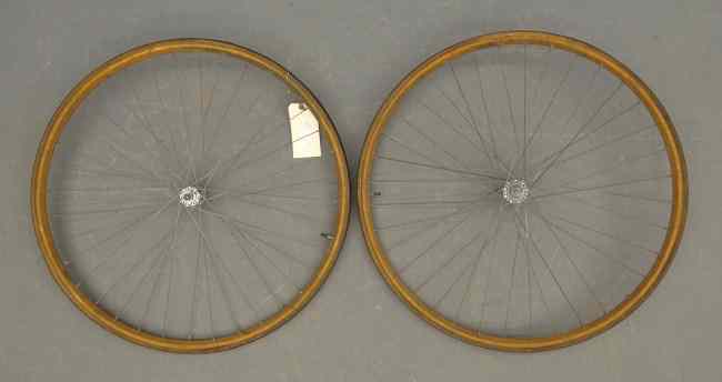 Appraisal: Pair wooden racing wheels marked ''Fairbanks Boston Rims'' Musselman hubs