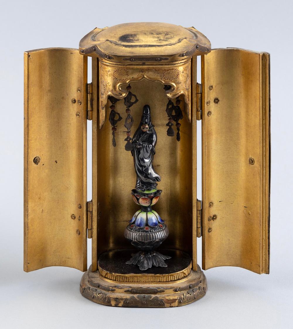 Appraisal: JAPANESE GILT-LACQUER ZUSHI WITH SILVER AND CLOISONN KANNON MEIJI PERIOD