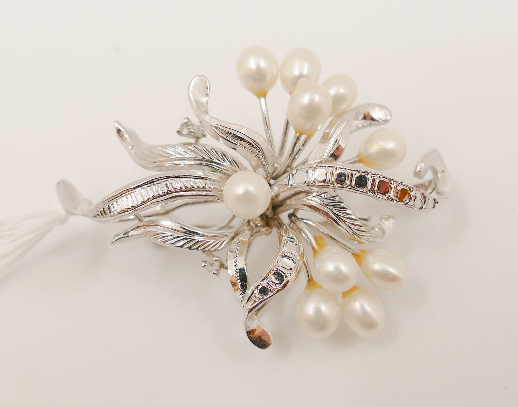 Appraisal: Vintage K White Gold Pearl Spray Brooch- ''- g