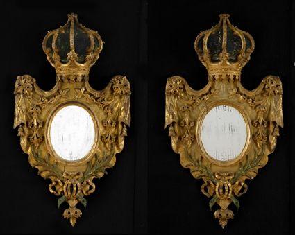 Appraisal: PAIR OF ITALIAN NEOCLASSICAL CARVED PAINTED AND GILTWOOD SMALL MIRRORS