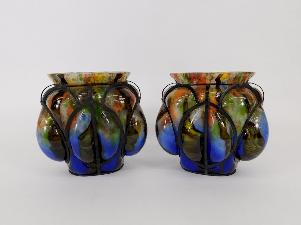 Appraisal: PR Kralik Caged Lenora Bohemian Art Glass Vases Bohemia th