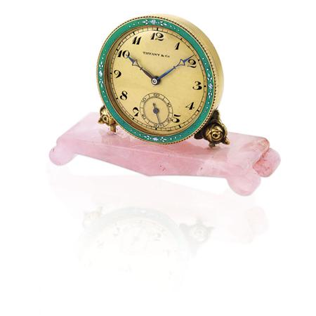 Appraisal: Rose Quartz Gold and Enamel Desk Clock Tiffany Co Estimate