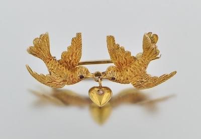 Appraisal: A Charming Birds With a Heart Brooch k yellow gold