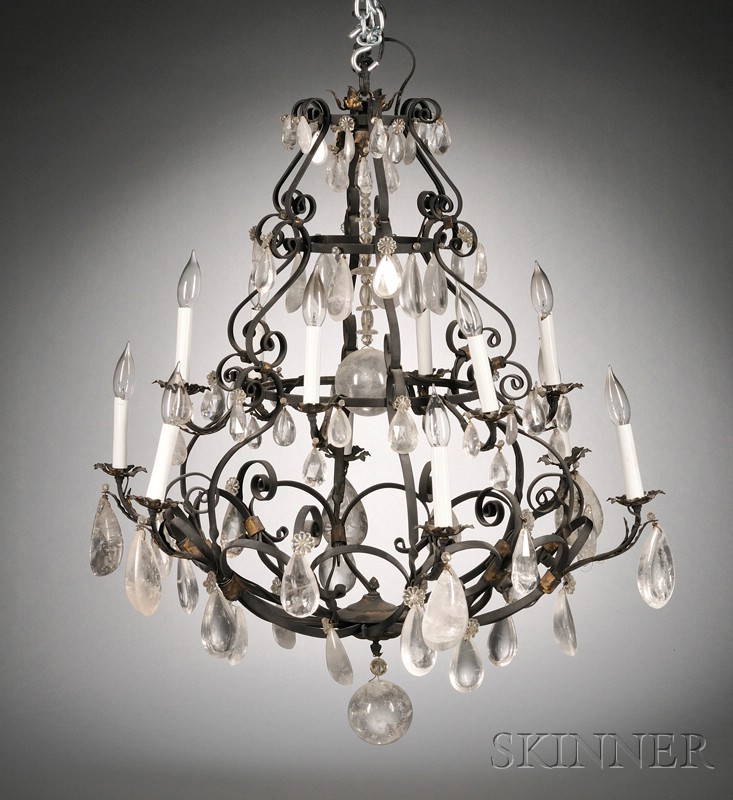 Appraisal: Spanish Baroque-style Twelve-Light Wrought Iron and Rock Crystal Chandelier late