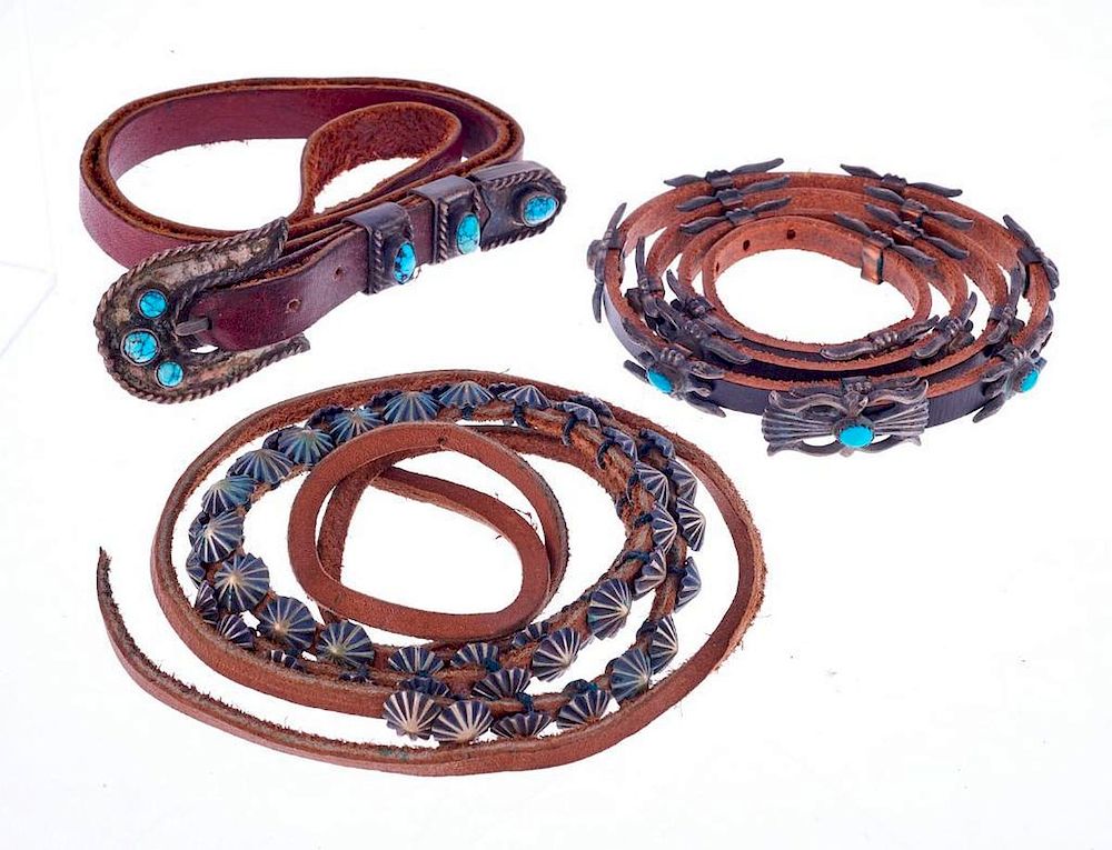 Appraisal: NAVAJO HAT BANDS Three Old Pawn Navajo turquoise and silver