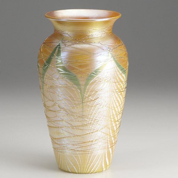 Appraisal: DURAND Vase with green pulled feather design and gold threading