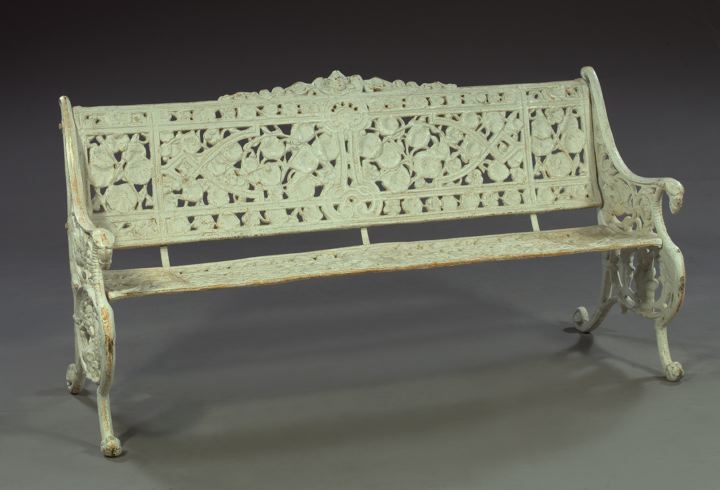 Appraisal: Continental White-Painted Cast-Iron Garden Bench of large scale in the