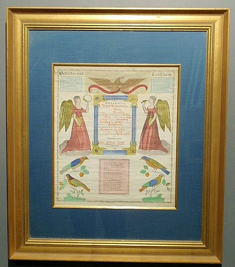 Appraisal: Framed hand-colored Geburts-Und Tauffchein dated x