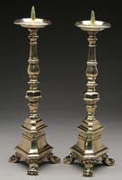 Appraisal: OUTSTANDING PAIR OF EARLY CONTINENTAL BRASS TRI-FORMED PRICKET CANDLESTICKS The