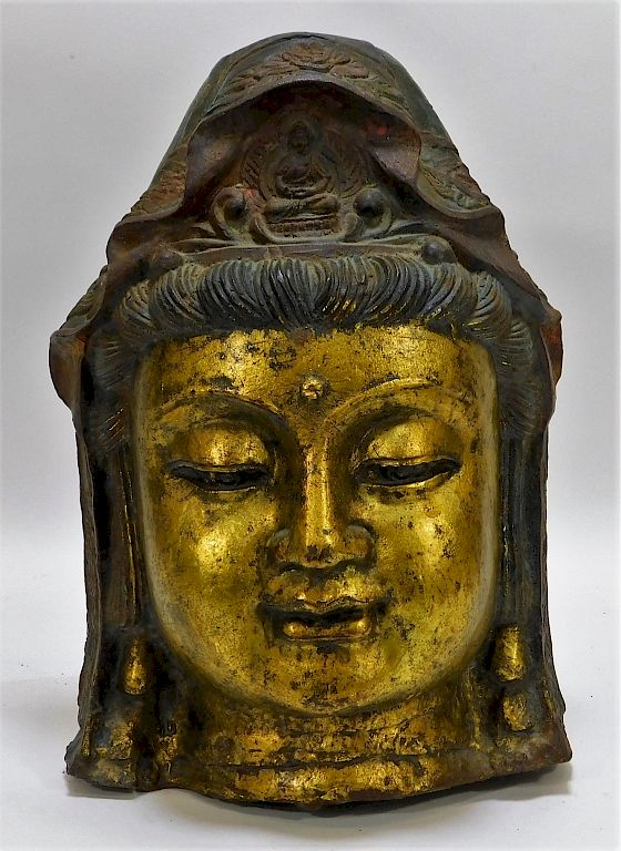 Appraisal: Chinese Gilt Cast Iron Buddha Head Statue Chinese Gilt Cast