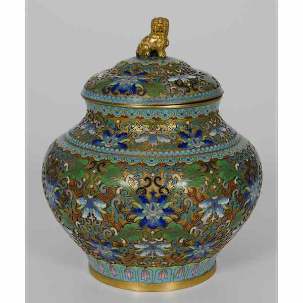 Appraisal: Chinese Cloisonne Vessel Chinese A lidded cloisonne bulbous vessel having