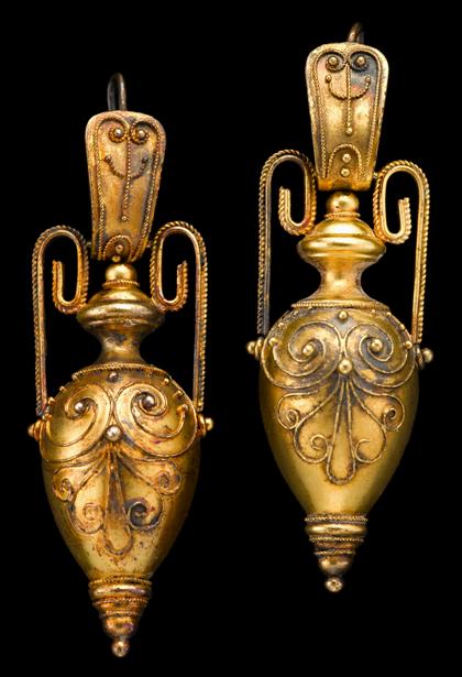 Appraisal: Yellow gold revival earrings Urn form drops