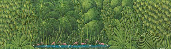 Appraisal: HENRI ROBERT BRESIL HAITIAN - x Flamingos in the jungle