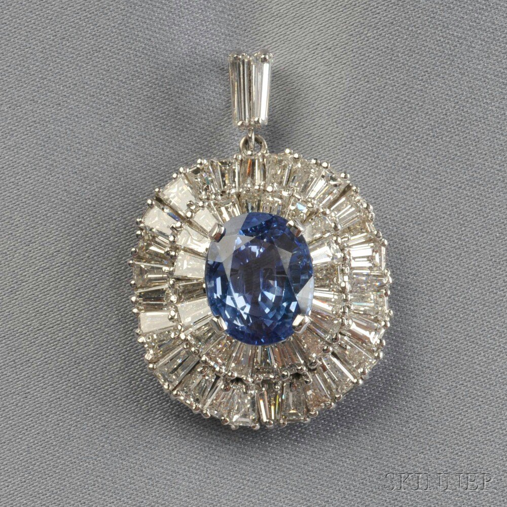 Appraisal: kt White Gold Sapphire and Diamond Pendant centering an oval-cut