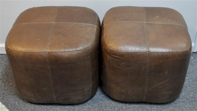 Appraisal: MATCHING WHITTEMORE SHERILL LEATHER OTTOMANS Two Matching Whittemore Sherill Brown