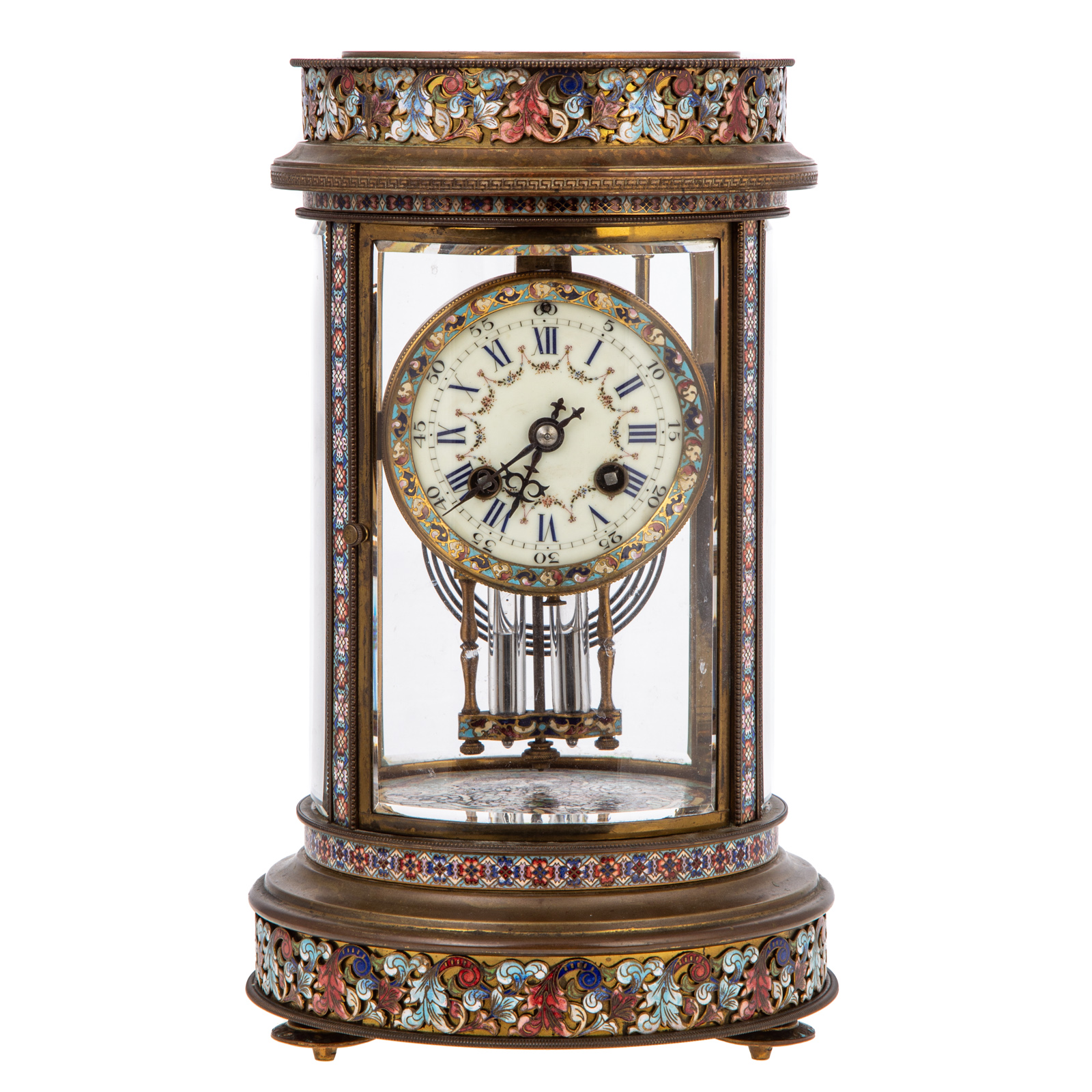 Appraisal: FRENCH BRONZE CHAMPLEVE ENAMEL CLOCK Early th century cylindrical case