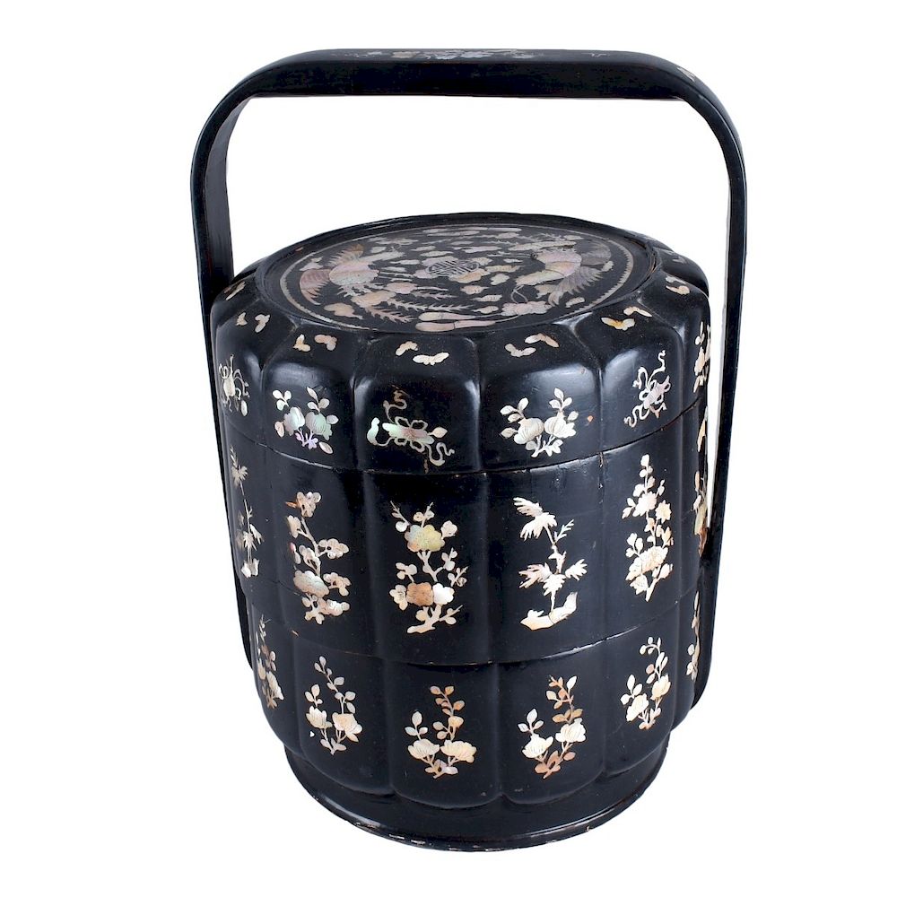 Appraisal: Chinese Wedding Basket Chinese Black Lacquer Mother of Pearl Tiered