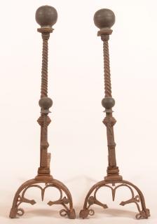 Appraisal: Pair of Ornate Andirons with Brass Ball Finials h x