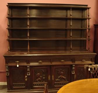 Appraisal: Upper section with shelves above baluster-turned supports frieze drawers with