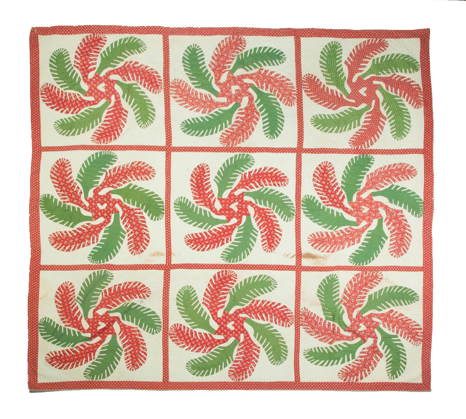 Appraisal: RED AND GREEN APPLIQUE QUILT Nine block Princess Feather framed