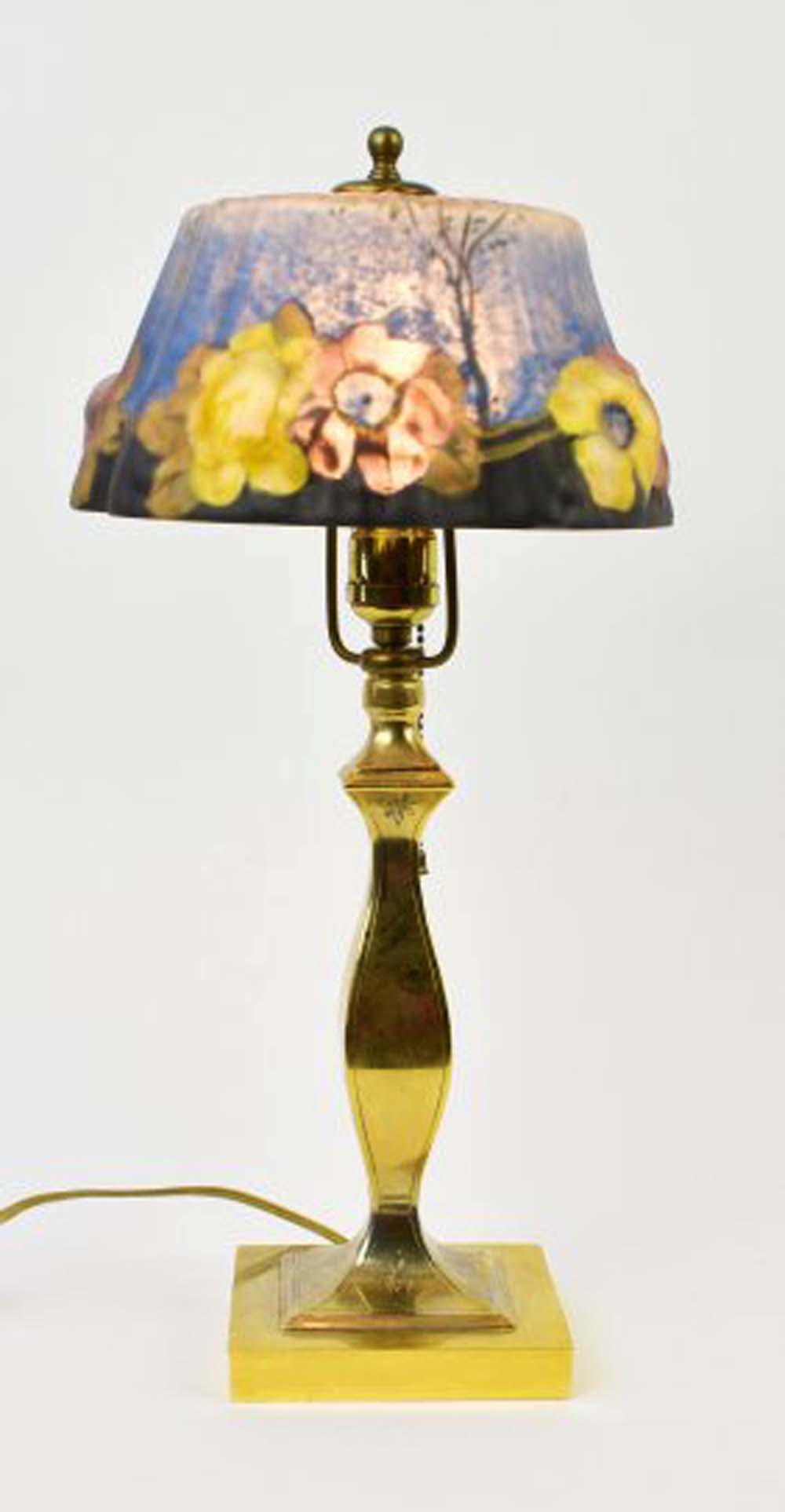 Appraisal: PAIRPOINT PAINTED PUFFY FLORAL GLASS BOUDOIR LAMPThe shade appears indistinctly