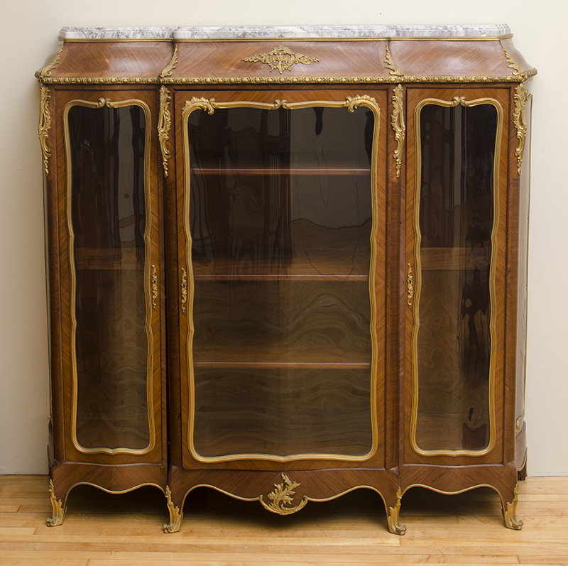 Appraisal: LOUIS XV STYLE GILT-BRONZE-MOUNTED KINGWOOD AND TULIPWOOD PARQUETRY VITRINE With