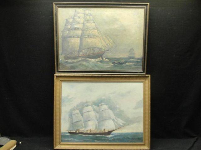 Appraisal: Oils Of Boats On Board On Canvas American Marine Paintings