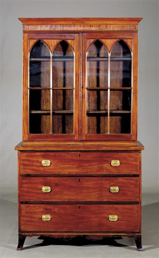 Appraisal: American inlaid mahogany bookcase first half th centurymolded crown over