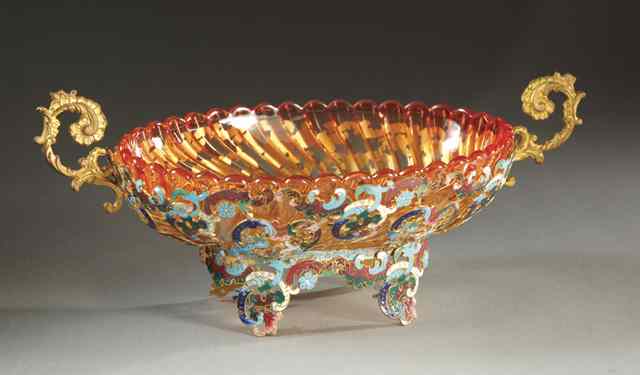 Appraisal: FRENCH BACCARAT BOWL IN ENAMELED GILT METAL FOOTED FRAME The