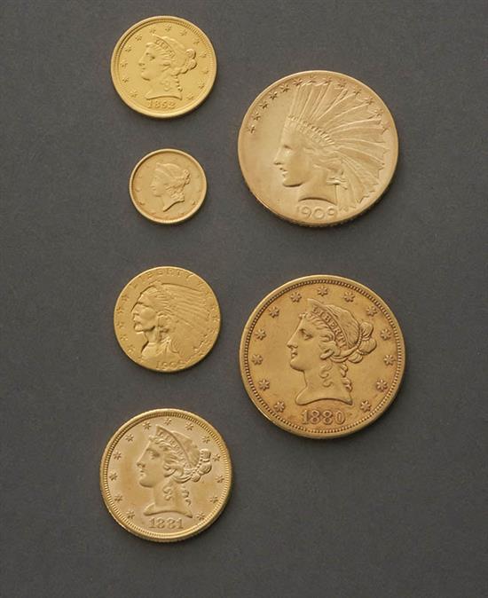 Appraisal: Group of Six U S Gold Coins Consisting of a