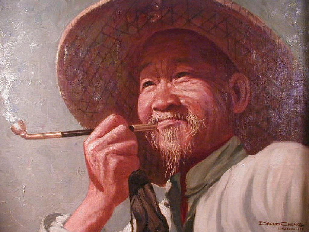 Appraisal: David Cheng Portrait of an elder gentleman in a straw