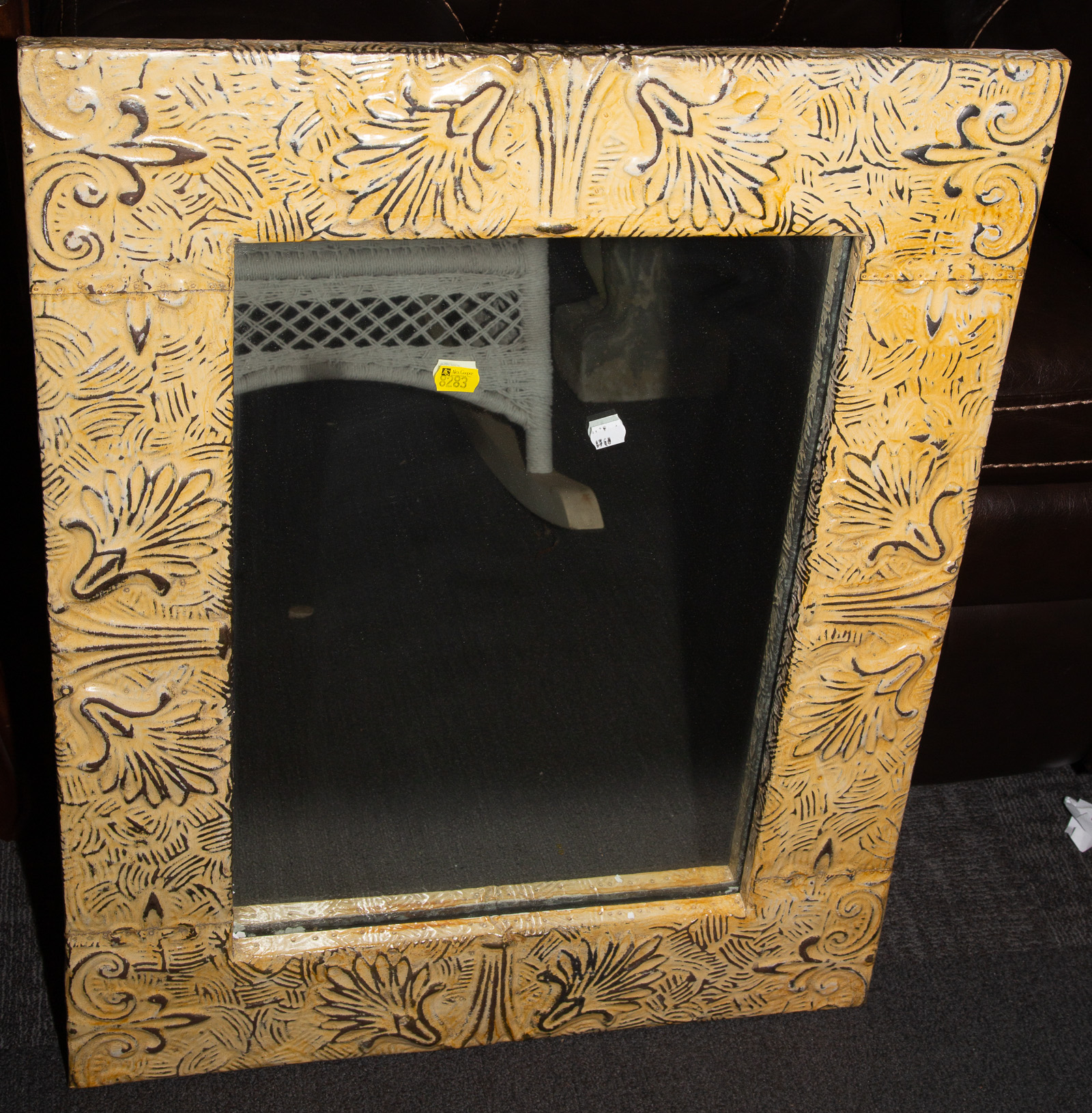 Appraisal: WALL MIRROR WITH TIN CEILING TILE FRAME x in