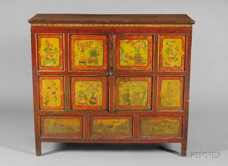 Appraisal: Four-Door Cabinet Tibet th th century panels painted red and