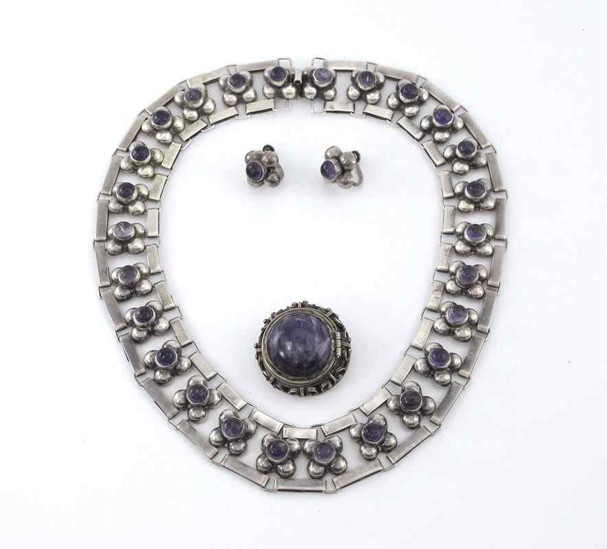 Appraisal: MEXICAN STERLING SILVER AND AMETHYST NECKLACE EARRINGS AND PENDANT BROOCH