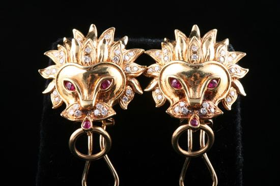 Appraisal: PAIR K YELLOW GOLD DIAMOND AND RUBY LION'S HEAD EARRINGS