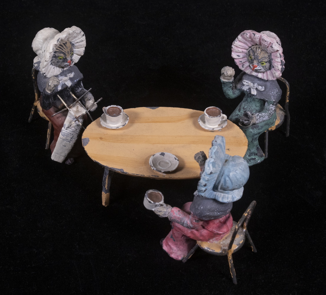 Appraisal: GEORG HEYDE PAINTED METAL CAT NODDERS TEA PARTY Rare Set