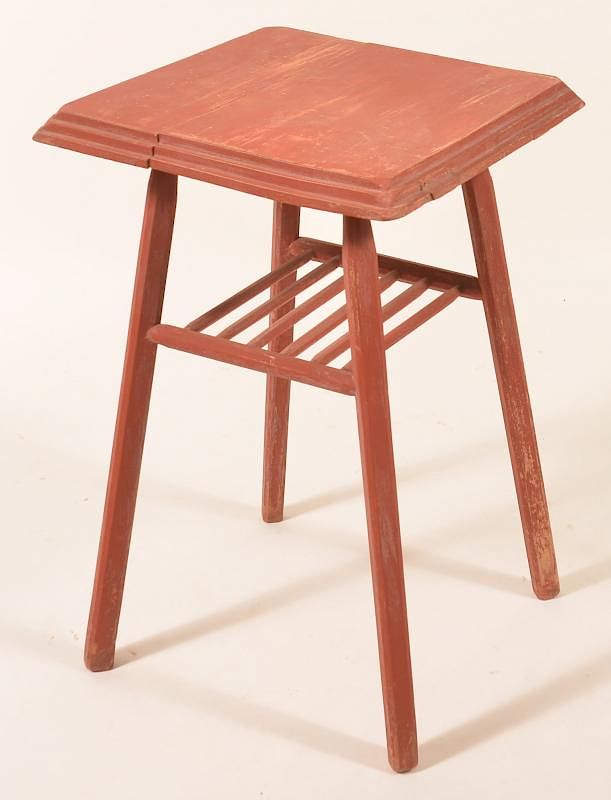 Appraisal: Softwood Stand w Red Paint Pencil Post Legs Softwood Stand