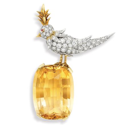 Appraisal: Platinum Gold Diamond and Citrine Bird on a Rock Brooch