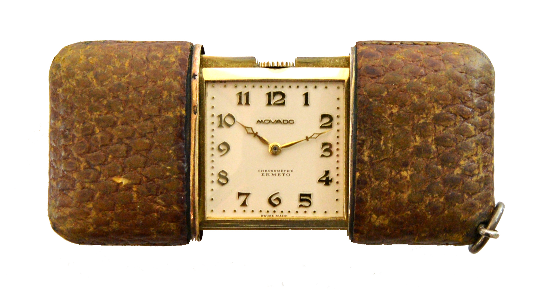 Appraisal: A silver gilt and leather cased rectangular folding Movado travelling