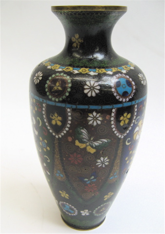 Appraisal: CHINESE CLOISONNE ENAMEL VASE having shield cartouches with floral butterfly