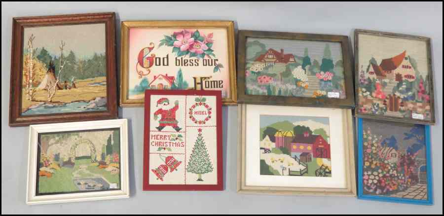 Appraisal: GROUP OF EIGHT FRAMED NEEDLEPOINT PANELS Various sizes and scenes