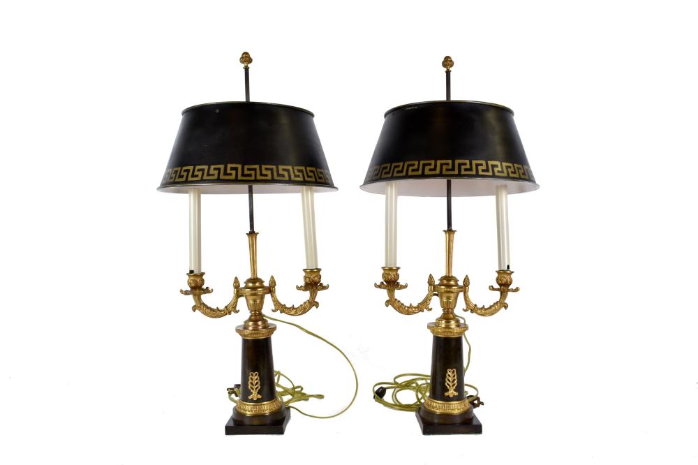 Appraisal: PAIR OF EMPIRE STYLE PATINATED GILT BRONZE BOUILLOTTE LAMPSEach two-light