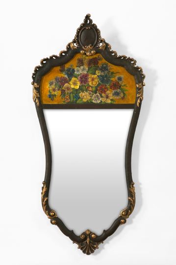 Appraisal: Italian Carved Matte-Ebonized and Parcel-Gilt Beechwood Bipartite Looking Glass second