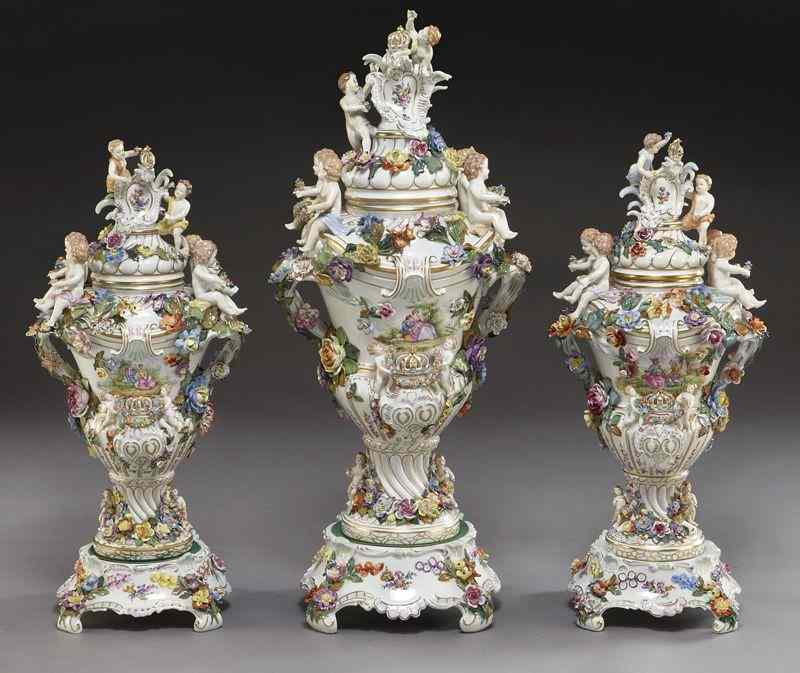 Appraisal: Monumental Pc Dresden porcelain garniture setconsisting of one ''H covered