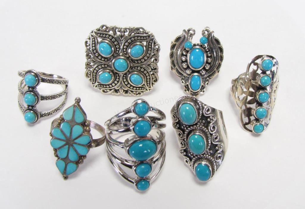 Appraisal: Seven sterling silver and turquoise rings including one Carolyn Pollack