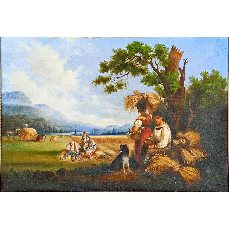 Appraisal: TH C CONTINENTAL LANDSCAPE Oil on canvas of farmers drinking