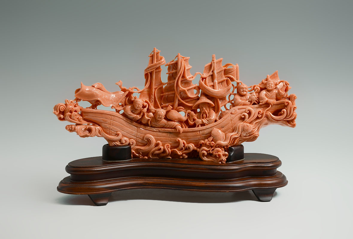 Appraisal: CHINESE CARVED CORAL GROUP OF FISHERMEN IN BOAT Large carved